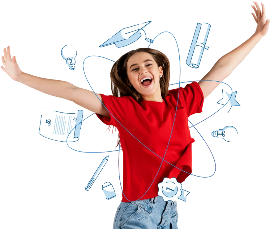 Happy student surrounded by study icons
